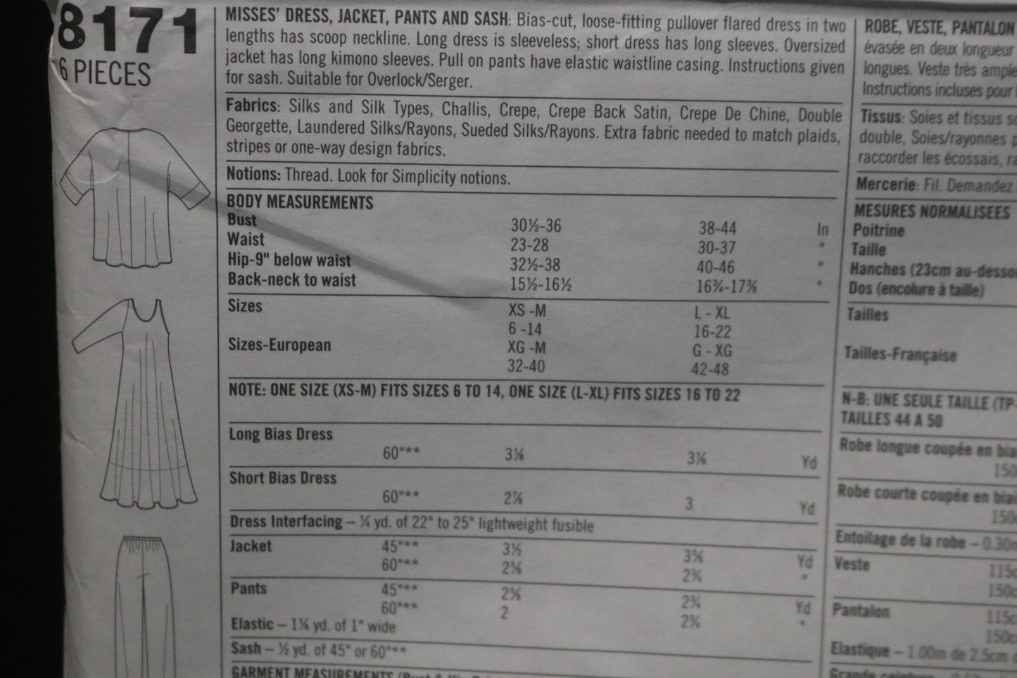 Simplicity 8171 Misses Dress Jacket Pants and Sash Sewing Pattern UNCUT Size L - XL