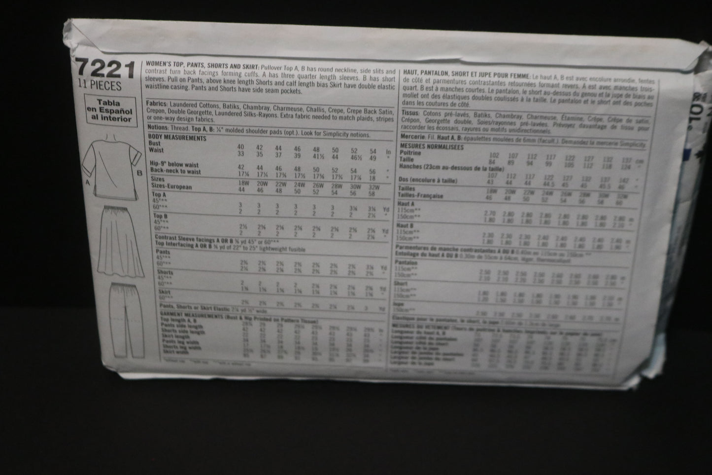 Simplicity 7221 Womens Top Pants Shorts and Skirt Sewing Pattern UNCUT -Size 18W - 23W or Size 26W - 32W