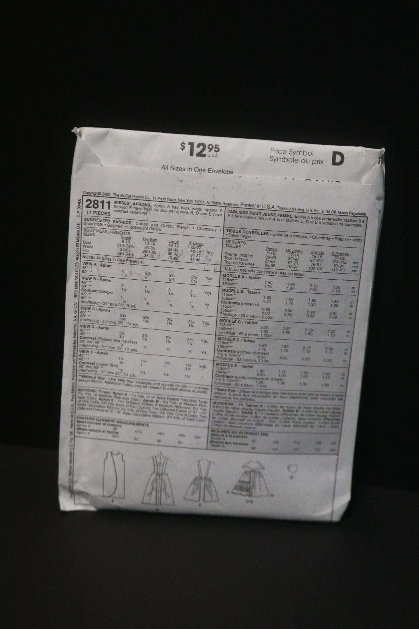 McCalls 2811 Misses Aprons Sewing Pattern - UNCUT Size Sml Med Lrg Xlg