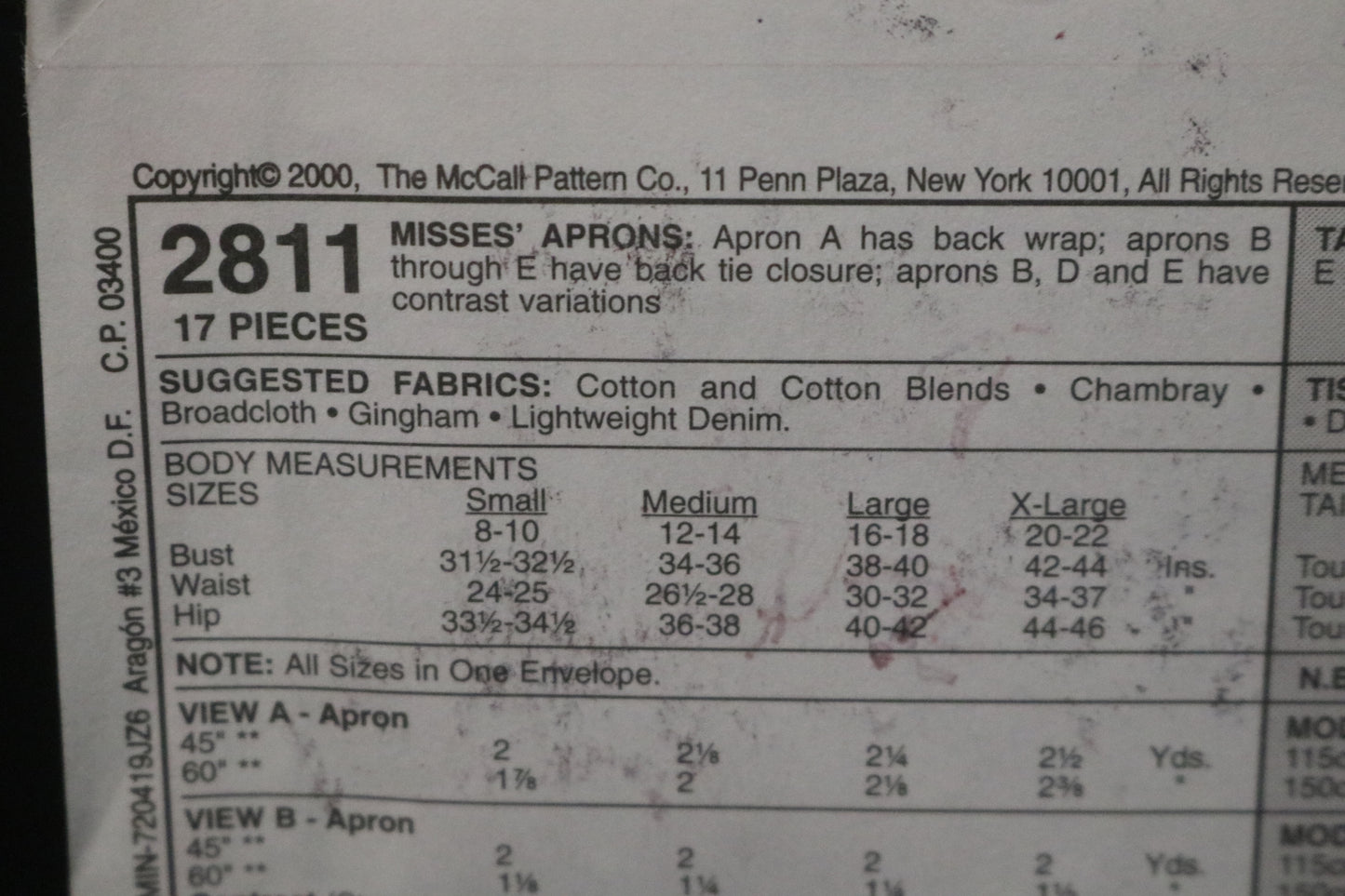 McCalls 2811 Misses Aprons Sewing Pattern - UNCUT Size Sml Med Lrg Xlg