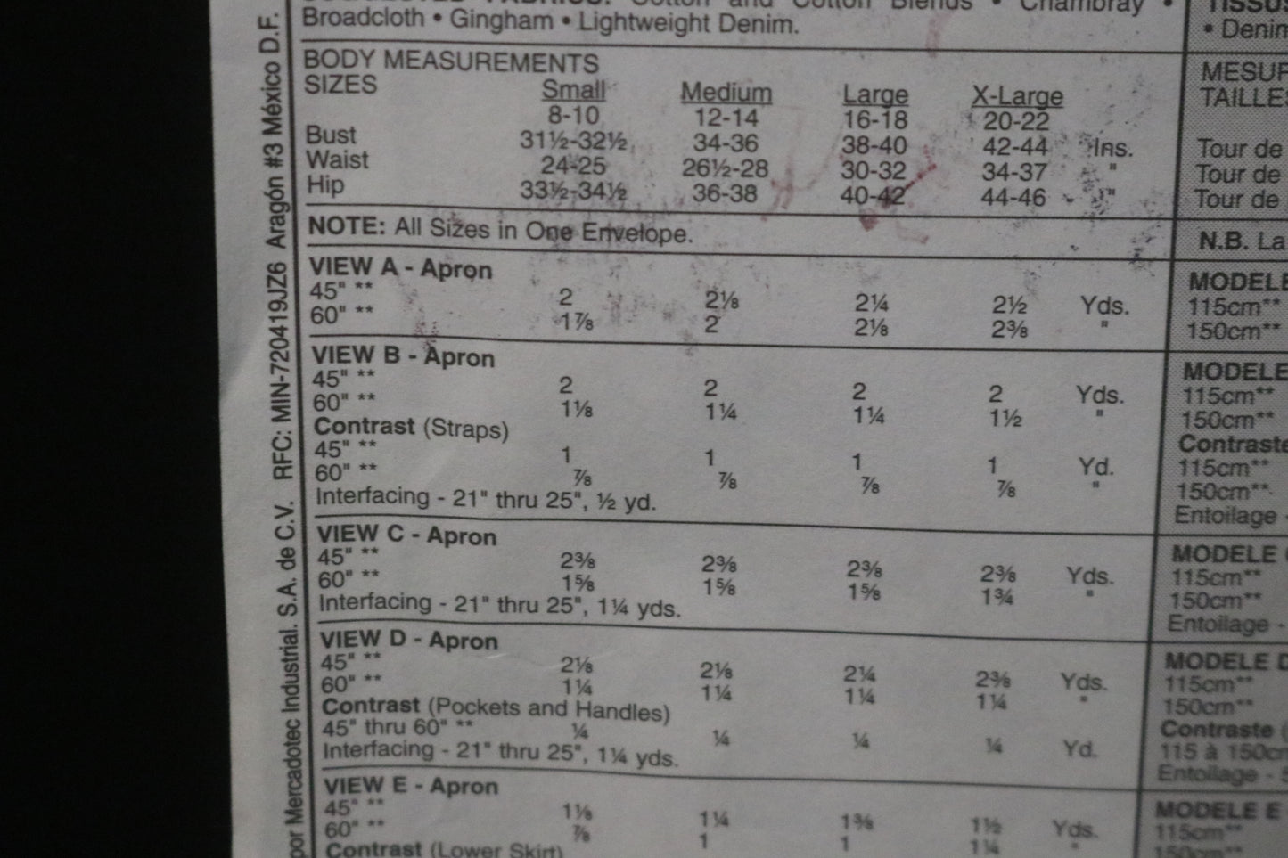 McCalls 2811 Misses Aprons Sewing Pattern - UNCUT Size Sml Med Lrg Xlg