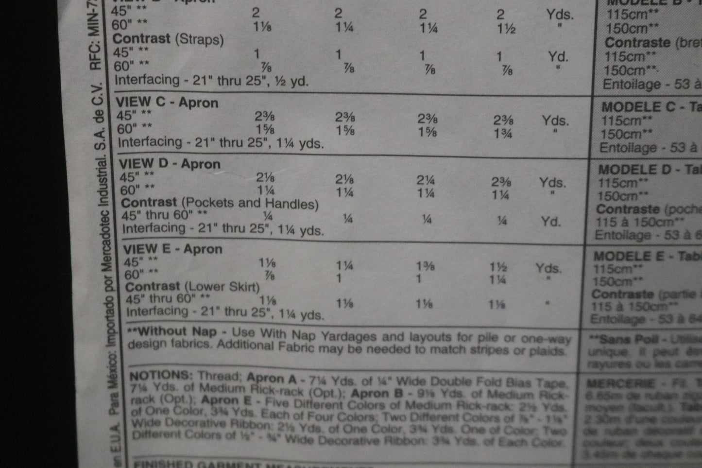McCalls 2811 Misses Aprons Sewing Pattern - UNCUT Size Sml Med Lrg Xlg
