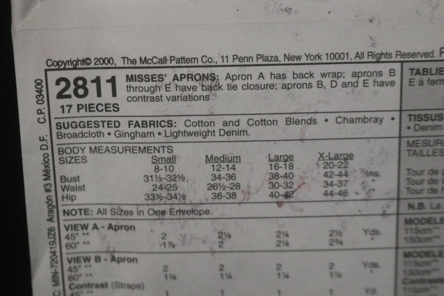 McCalls 2811 Misses Aprons Sewing Pattern - UNCUT Size Sml Med Lrg Xlg