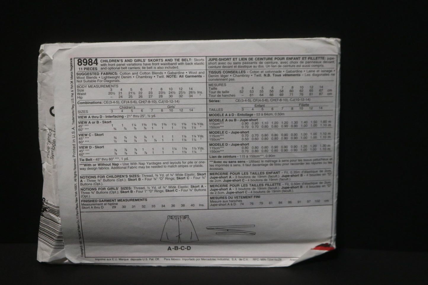 McCalls 8984Children's or Girls Skort and Tie Belt Sewing Pattern UNCUT Size 3 4 5