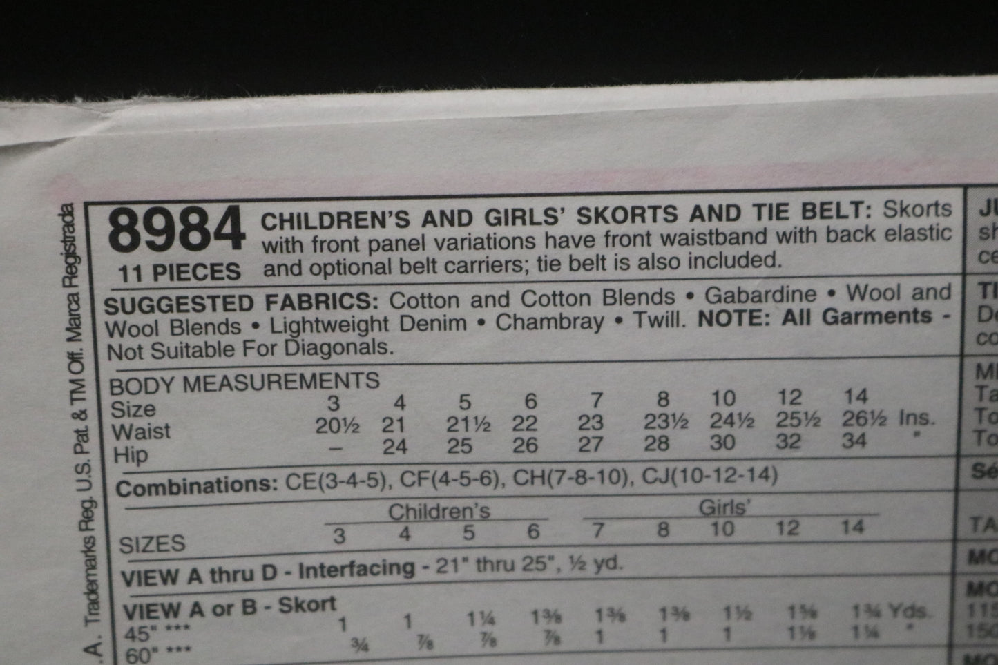 McCalls 8984Children's or Girls Skort and Tie Belt Sewing Pattern UNCUT Size 3 4 5