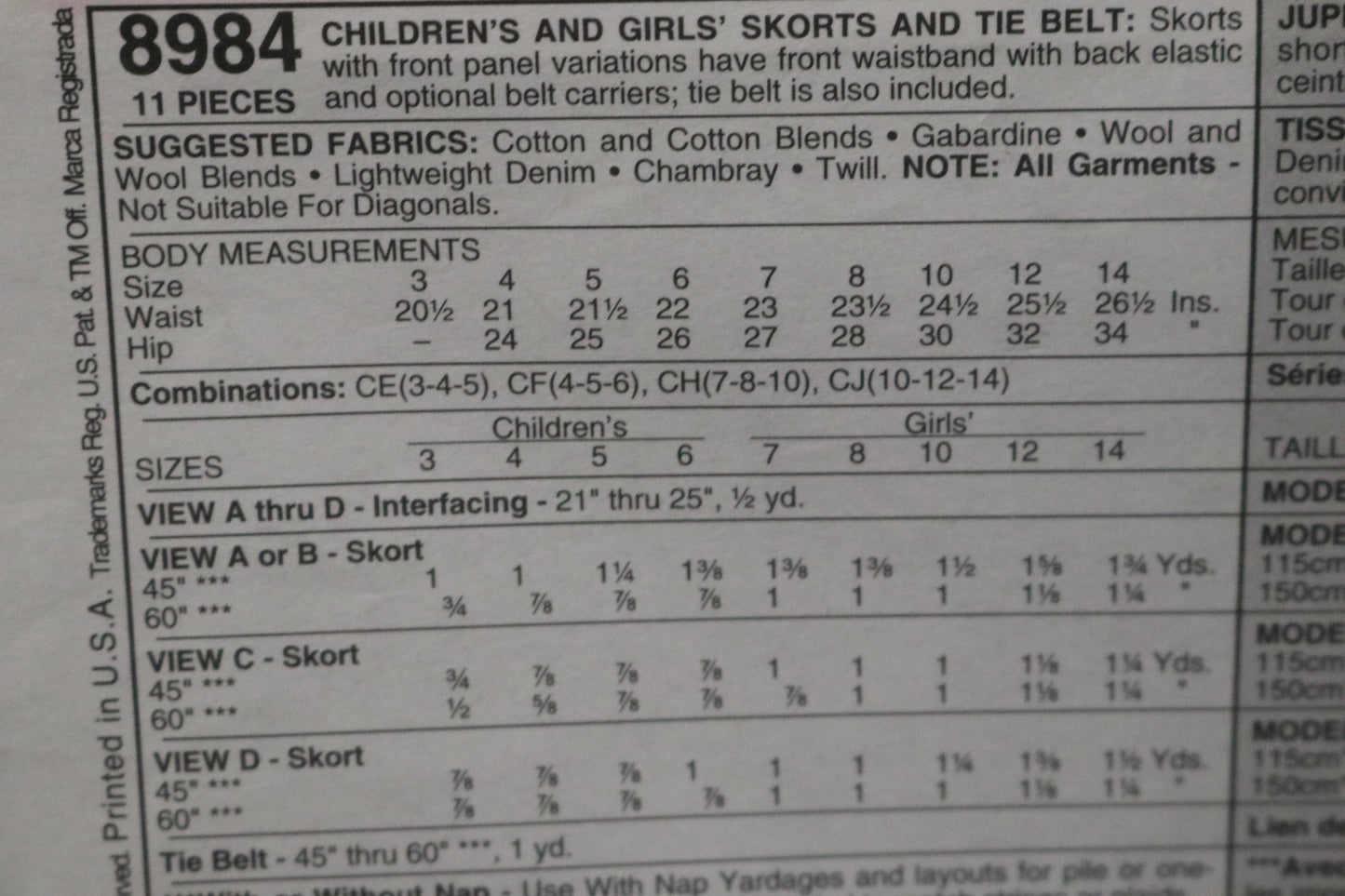 McCalls 8984Children's or Girls Skort and Tie Belt Sewing Pattern UNCUT Size 3 4 5