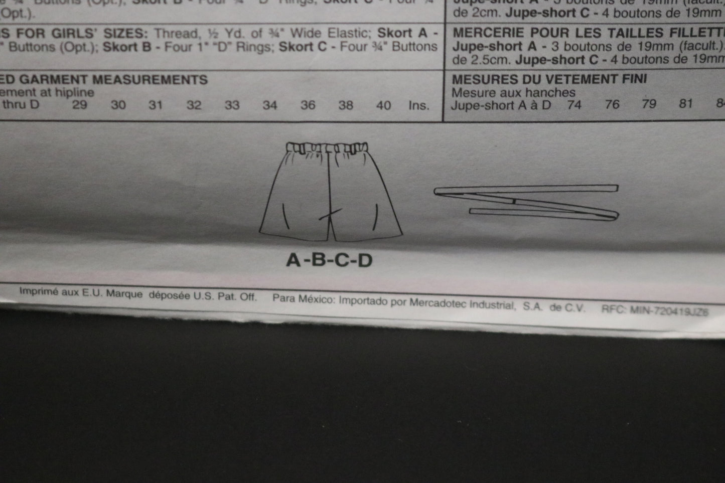 McCalls 8984Children's or Girls Skort and Tie Belt Sewing Pattern UNCUT Size 3 4 5
