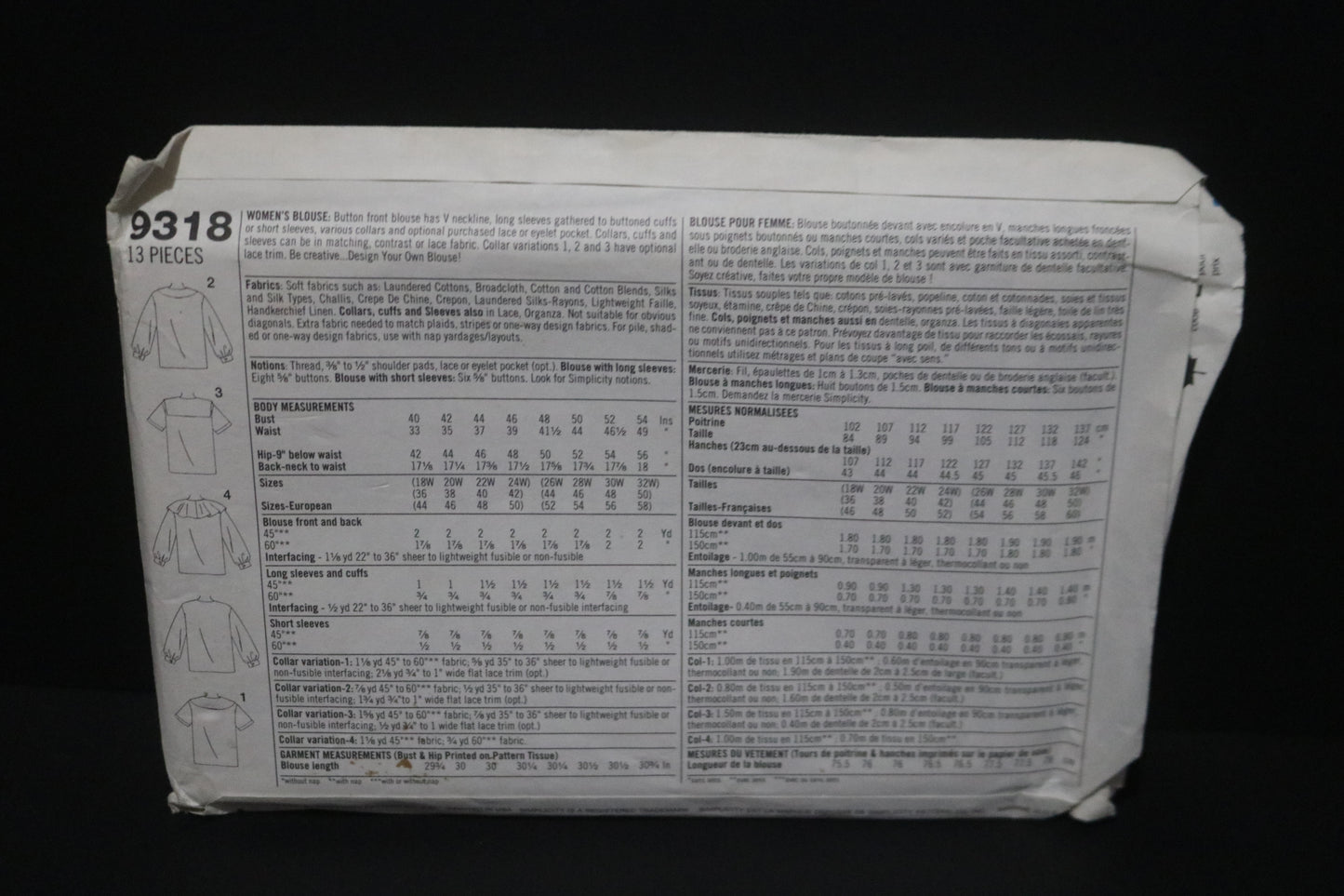 Simplicity 9318 Womens Blouse Sewing Pattern UNCUT - Size 18W - 24W