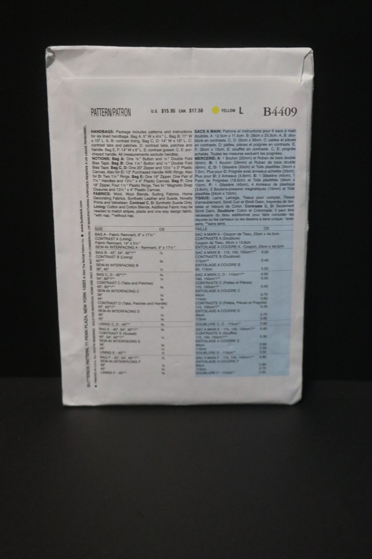 Butterick 4409 Handbags Sewing Pattern - UNCUT