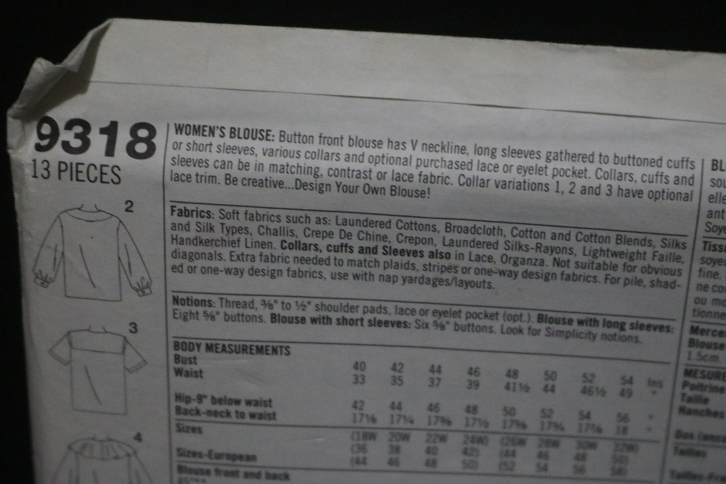 Simplicity 9318 Womens Blouse Sewing Pattern UNCUT - Size 18W - 24W