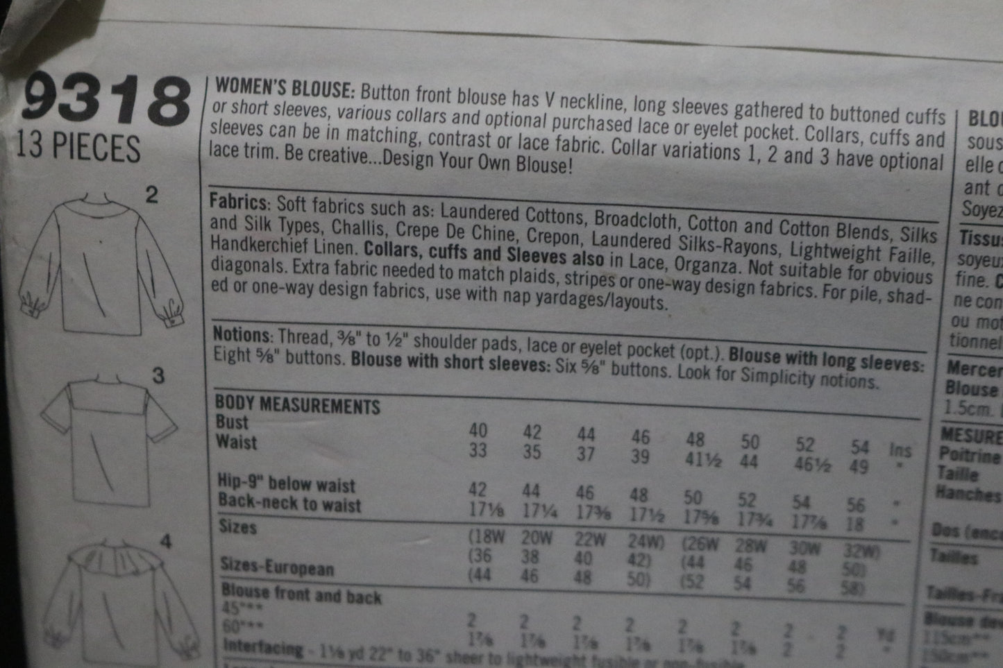 Simplicity 9318 Womens Blouse Sewing Pattern UNCUT - Size 18W - 24W