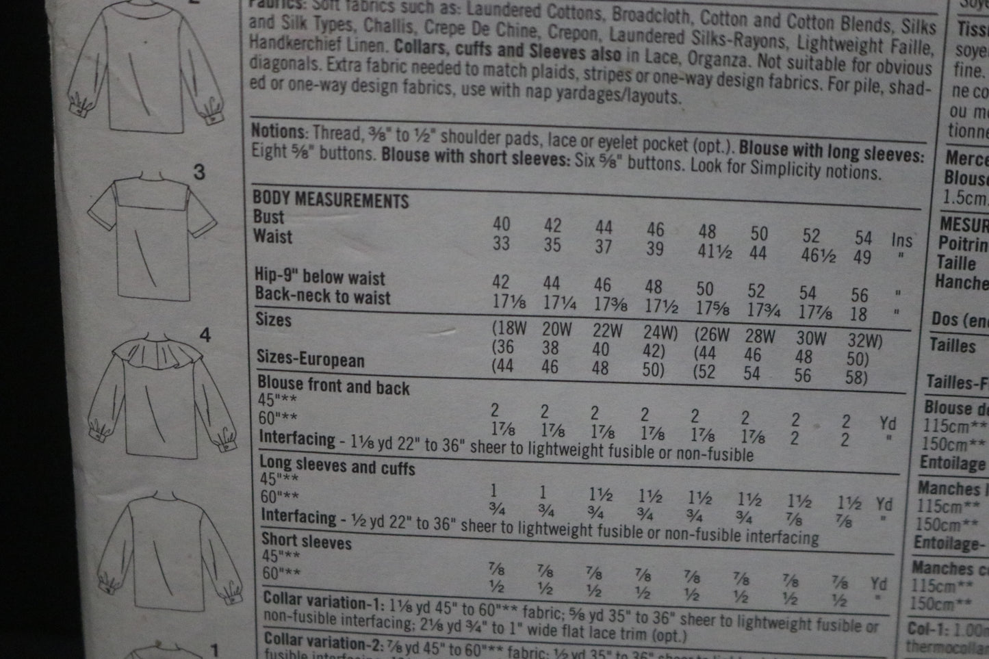 Simplicity 9318 Womens Blouse Sewing Pattern UNCUT - Size 18W - 24W