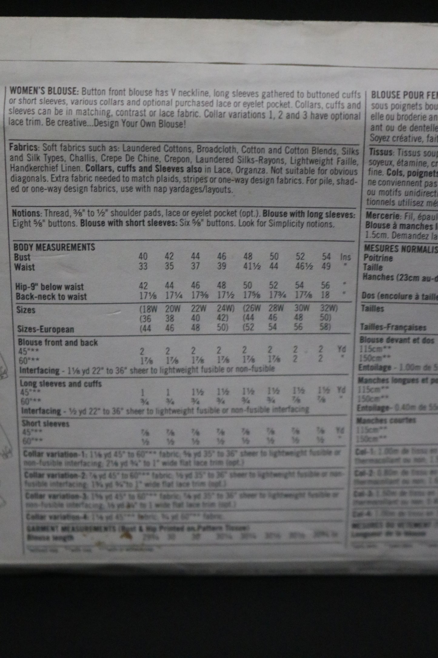 Simplicity 9318 Womens Blouse Sewing Pattern UNCUT - Size 18W - 24W