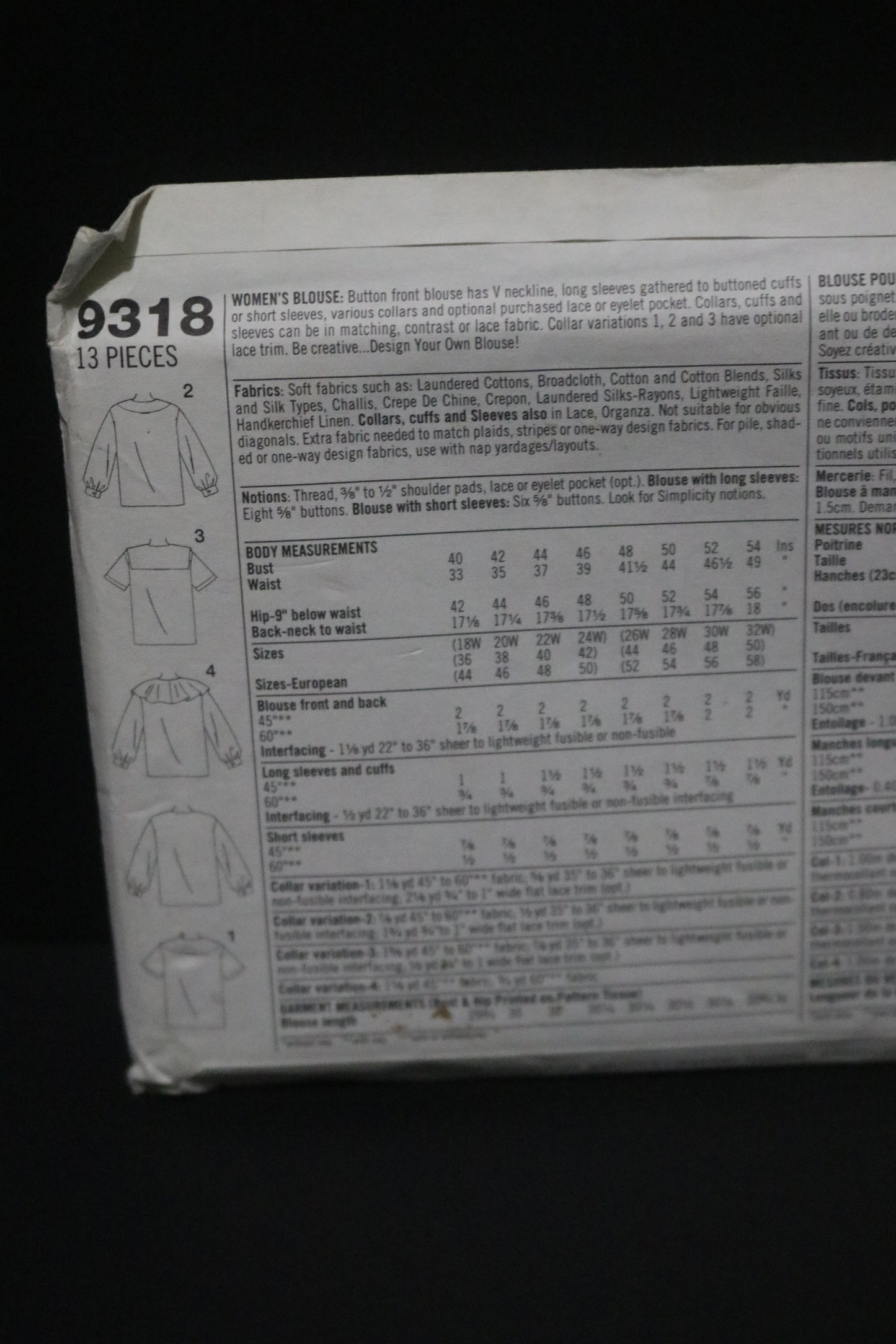 Simplicity 9318 Womens Blouse Sewing Pattern UNCUT - Size 18W - 24W