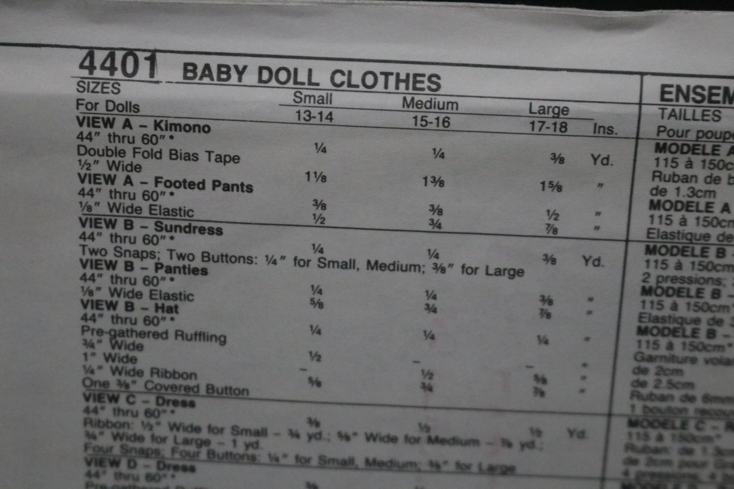 McCalls 4401 Baby Doll CLothes Sewing Pattern - UNCUT Size S M L