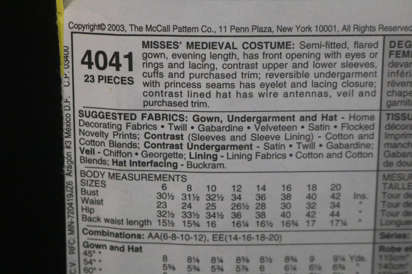 McCalls 4041 Misses Medieval Costume Sewing Pattern - UNCUT - Size 6 8 10 12