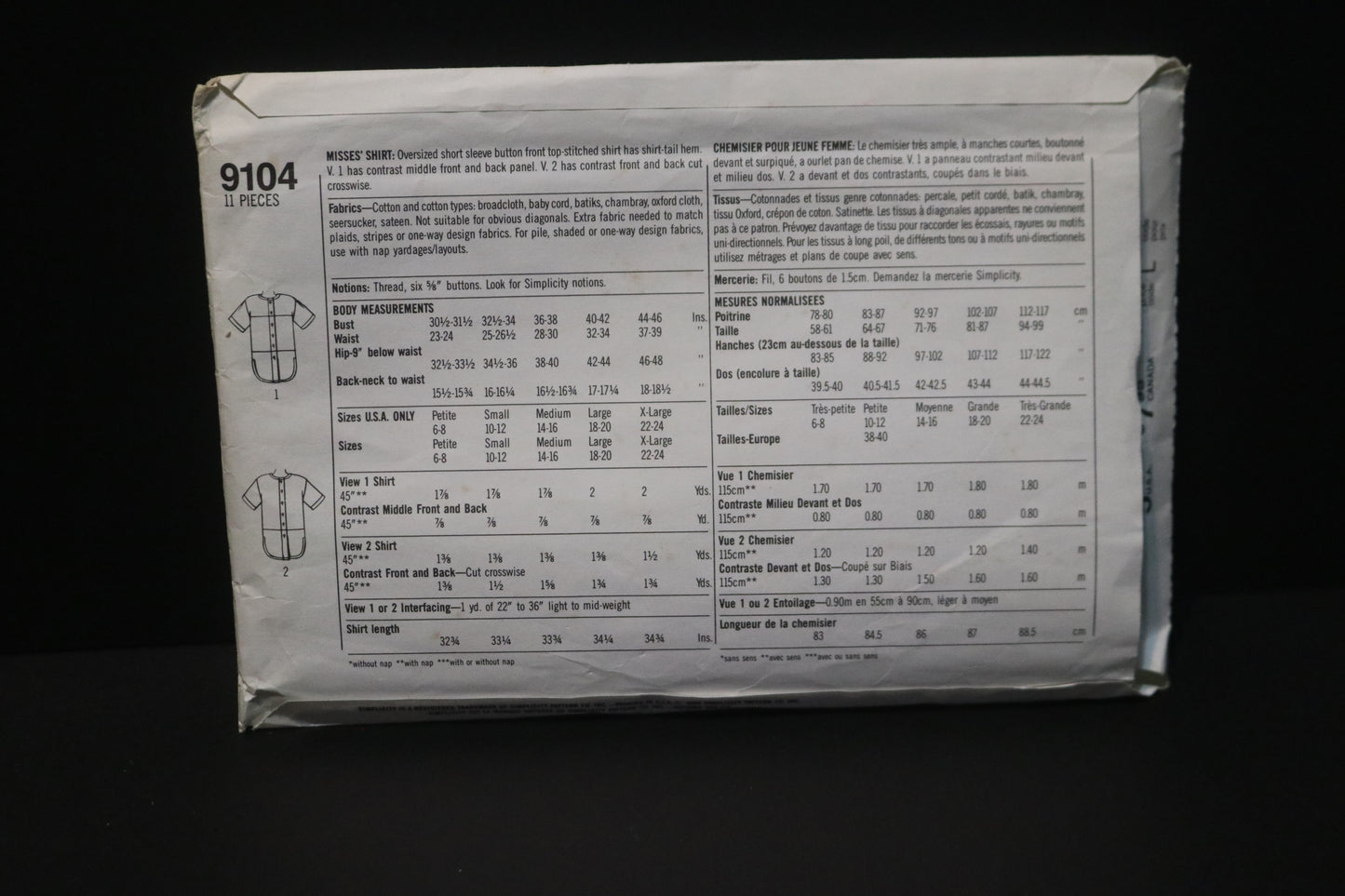 Simplicity 9104  Misses Shirt Sewing Pattern UNCUT  Size Small