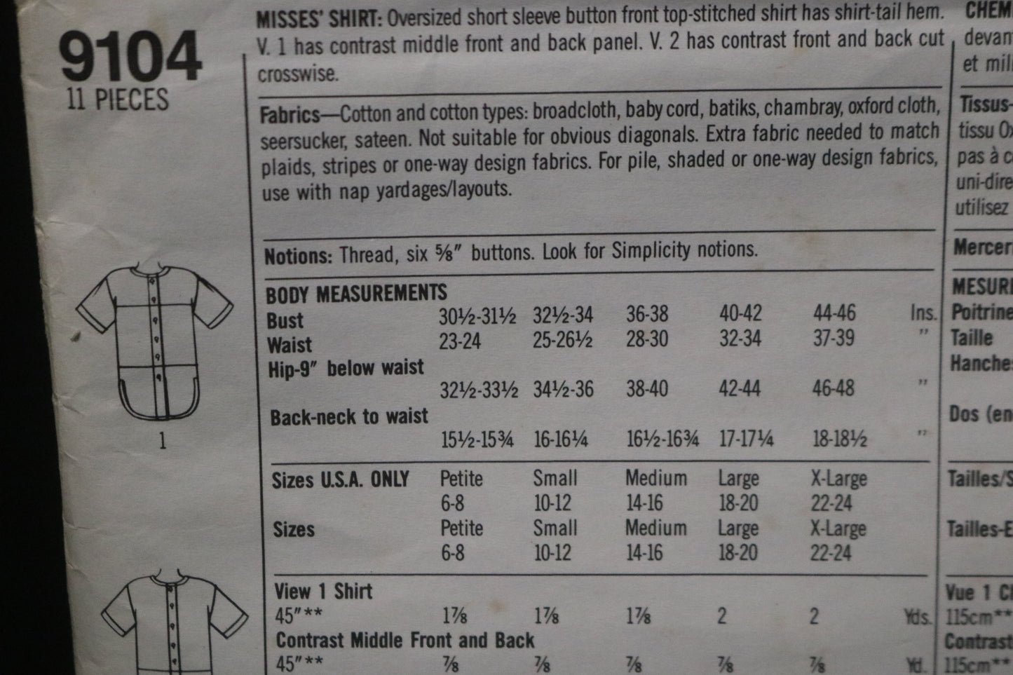 Simplicity 9104  Misses Shirt Sewing Pattern UNCUT  Size Small