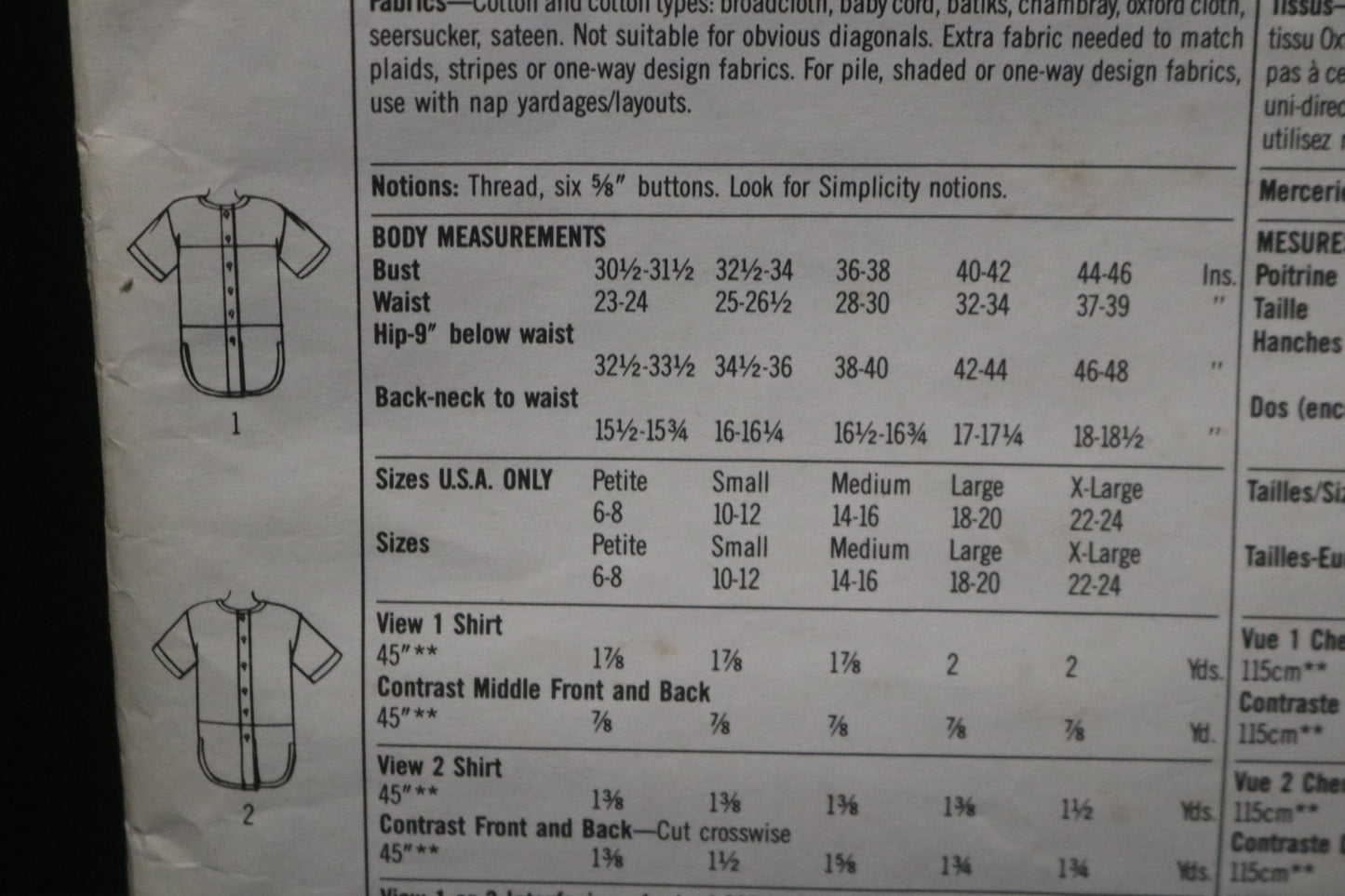 Simplicity 9104  Misses Shirt Sewing Pattern UNCUT  Size Small