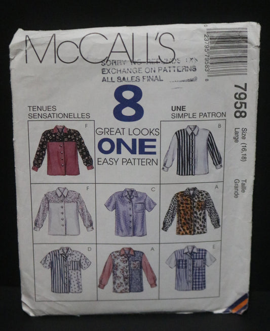 McCalls 7958 Misses Blouse Sewing Pattern UNCUT - Size Large (16,20) or Size XXL (24,26)