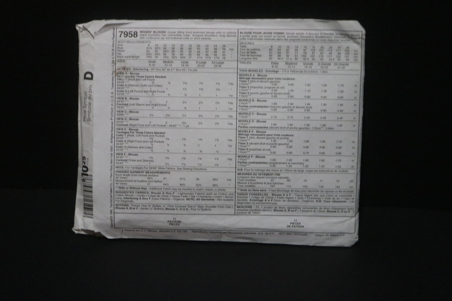 McCalls 7958 Misses Blouse Sewing Pattern UNCUT - Size Large (16,20) or Size XXL (24,26)