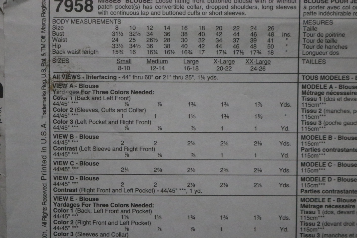 McCalls 7958 Misses Blouse Sewing Pattern UNCUT - Size Large (16,20) or Size XXL (24,26)