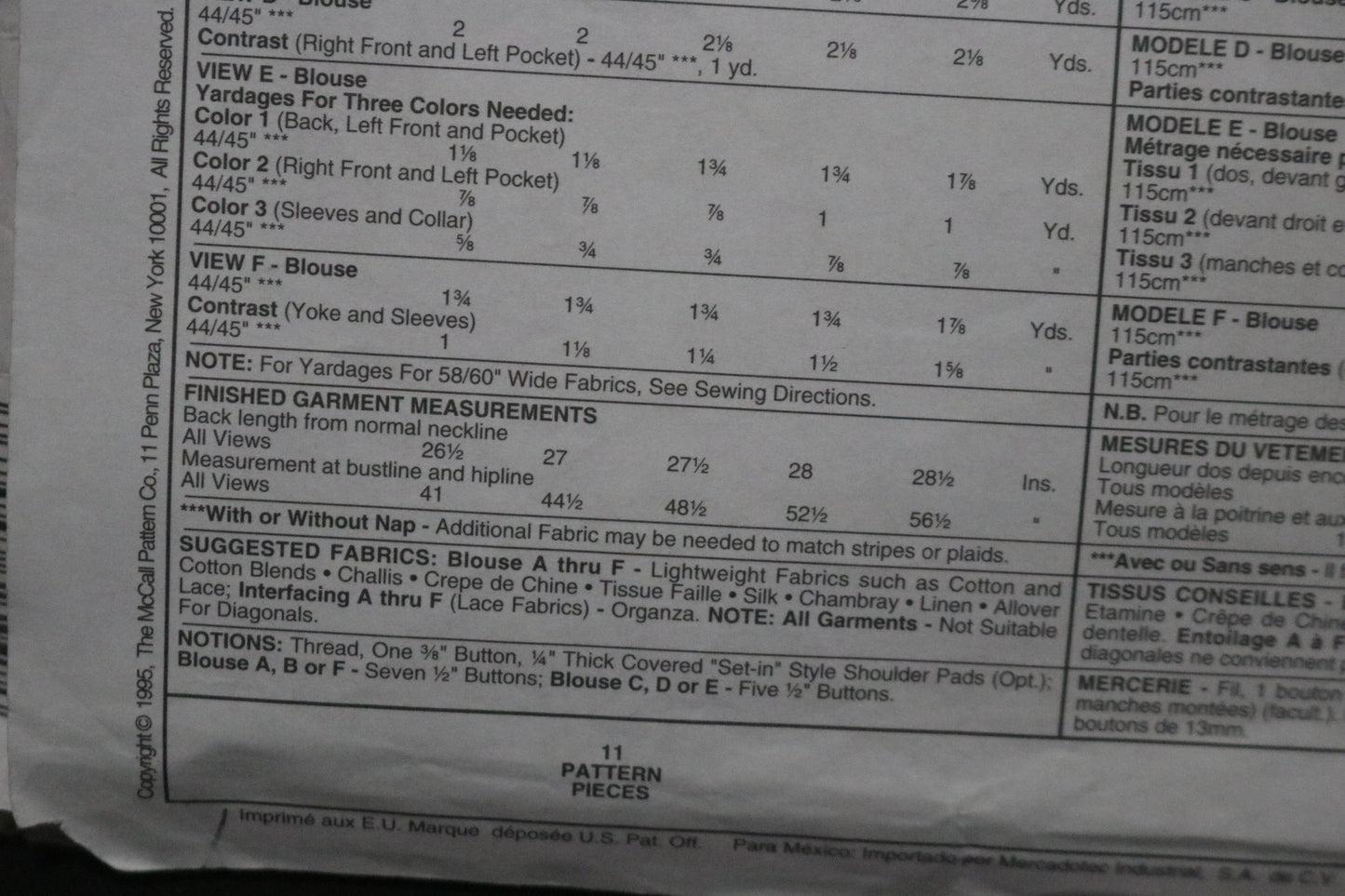 McCalls 7958 Misses Blouse Sewing Pattern UNCUT - Size Large (16,20) or Size XXL (24,26)