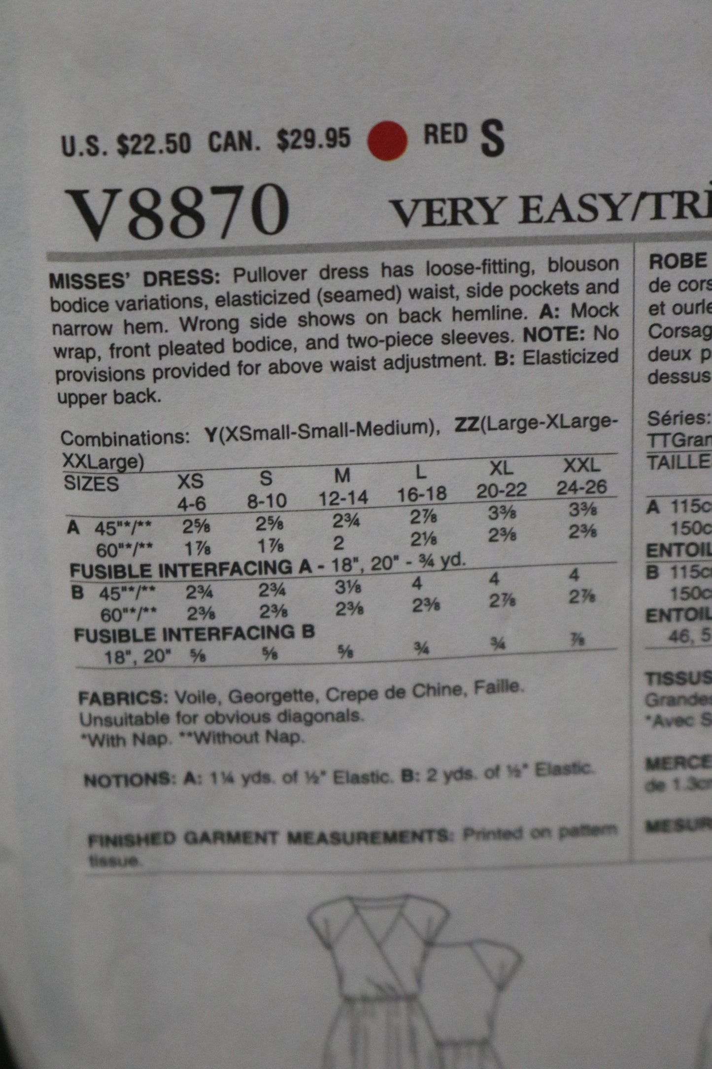 Vogue 8870 Misses Dress Sewing Pattern - UNCUT - Size Lrg Xlg XxL