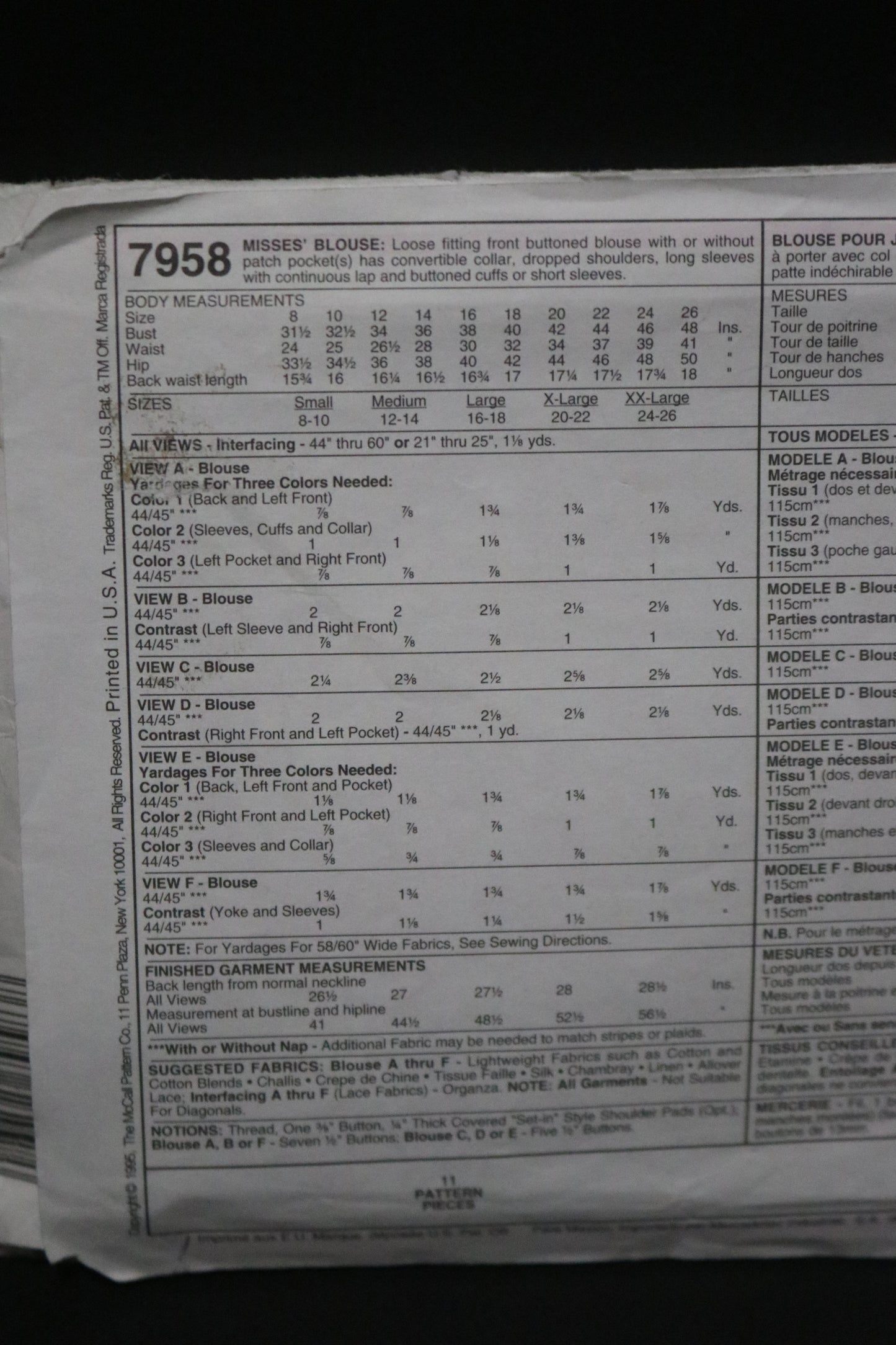 McCalls 7958 Misses Blouse Sewing Pattern UNCUT - Size Large (16,20) or Size XXL (24,26)