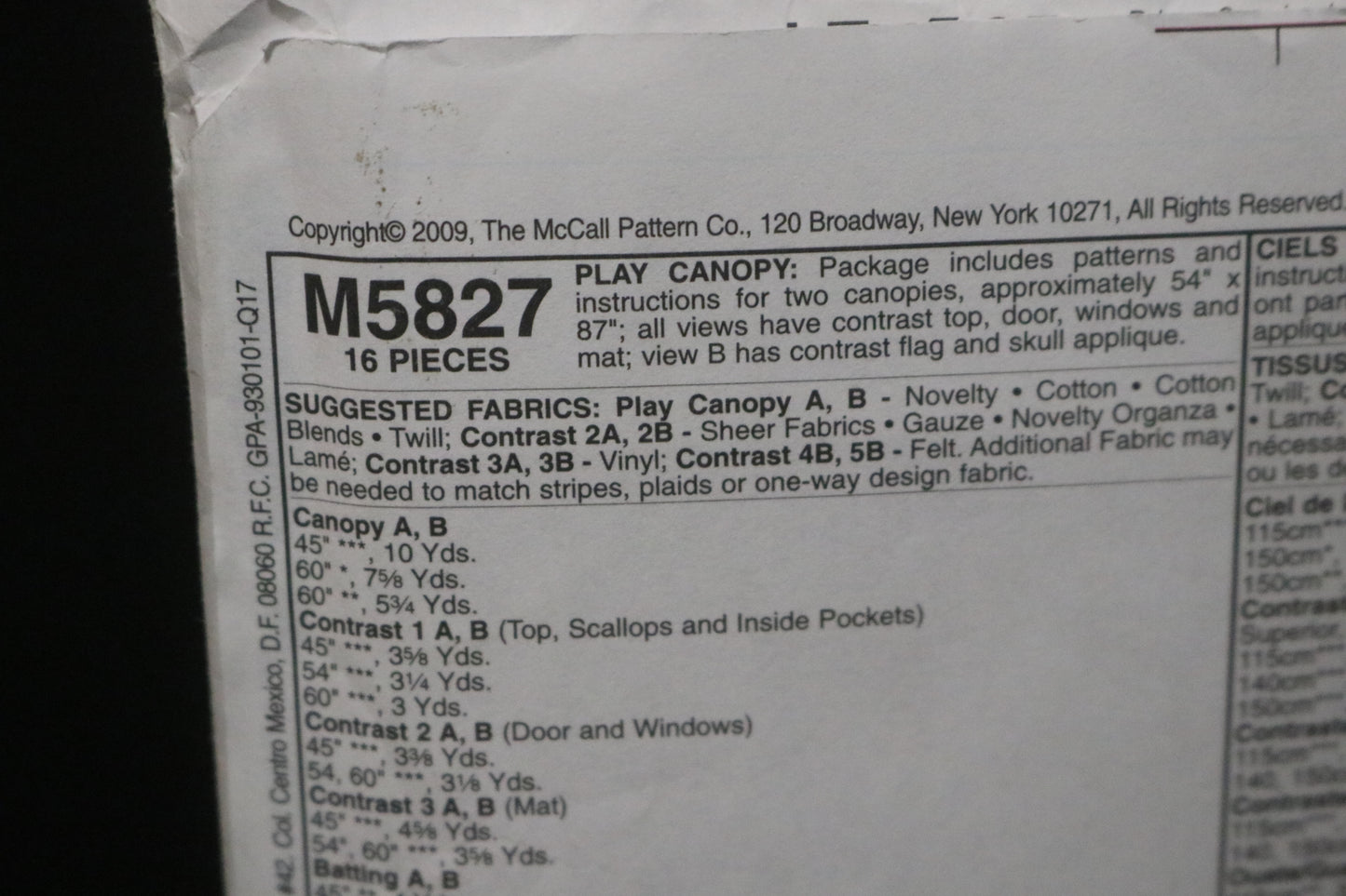McCalls 5827 Play Canopy Sewing Pattern UNCUT