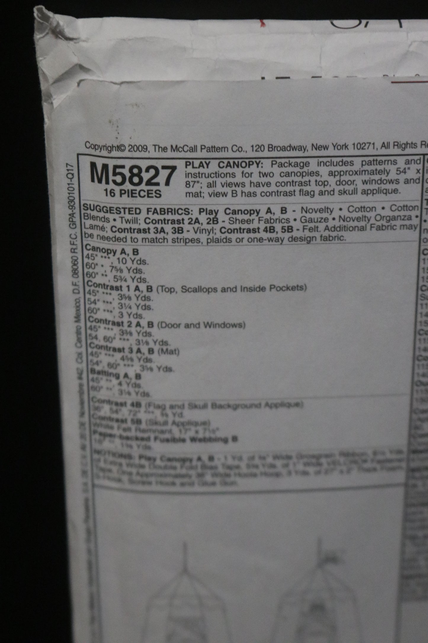 McCalls 5827 Play Canopy Sewing Pattern UNCUT