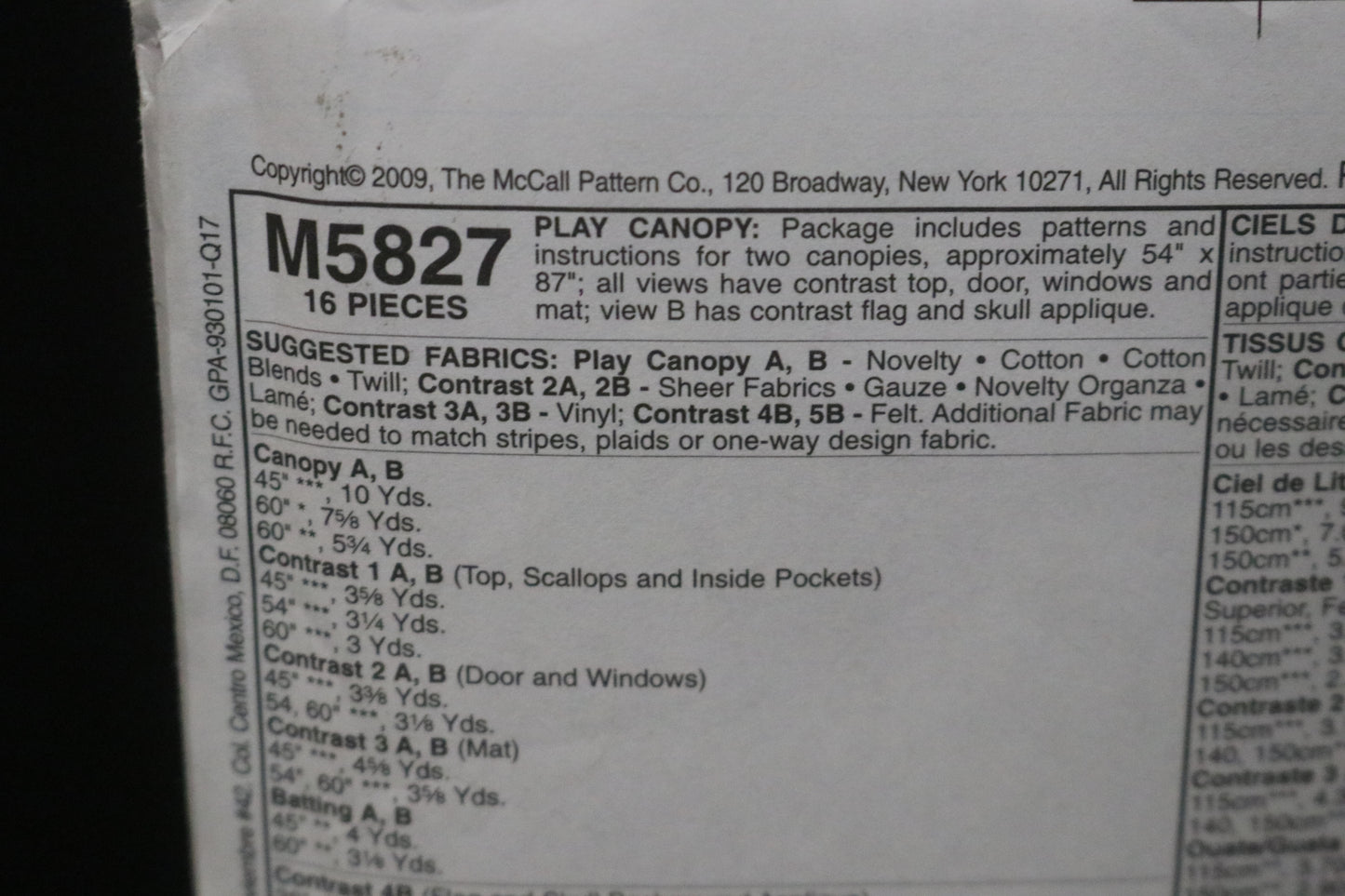 McCalls 5827 Play Canopy Sewing Pattern UNCUT