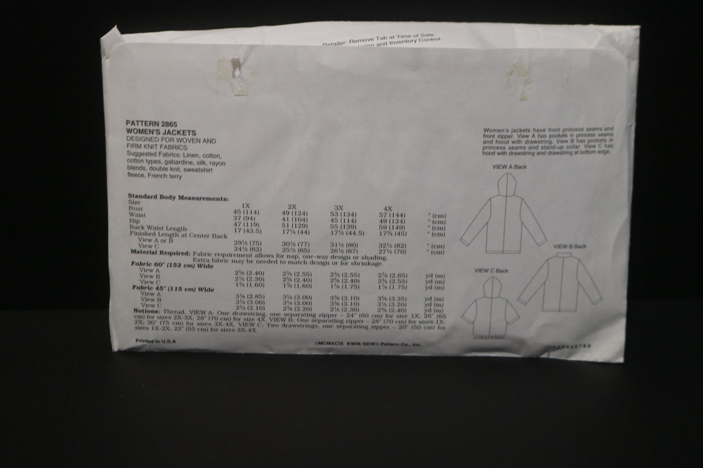 Kwik Sew 2865 Womens Jackets Sewing Pattern - UNCUT - Size 1X 2X 3X 4X