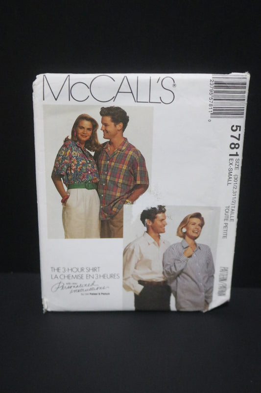 McCalls 5781 Misses Mens or Teen Boys Shirt Sewing Pattern UNCUT - Size XS ( 30 1/2, 31 1/2)