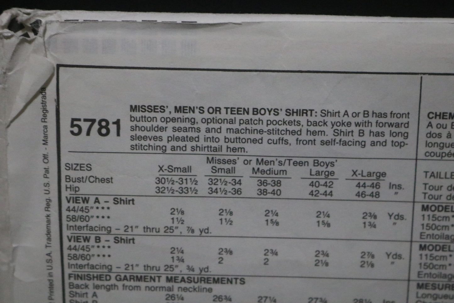 McCalls 5781 Misses Mens or Teen Boys Shirt Sewing Pattern UNCUT - Size XS ( 30 1/2, 31 1/2)