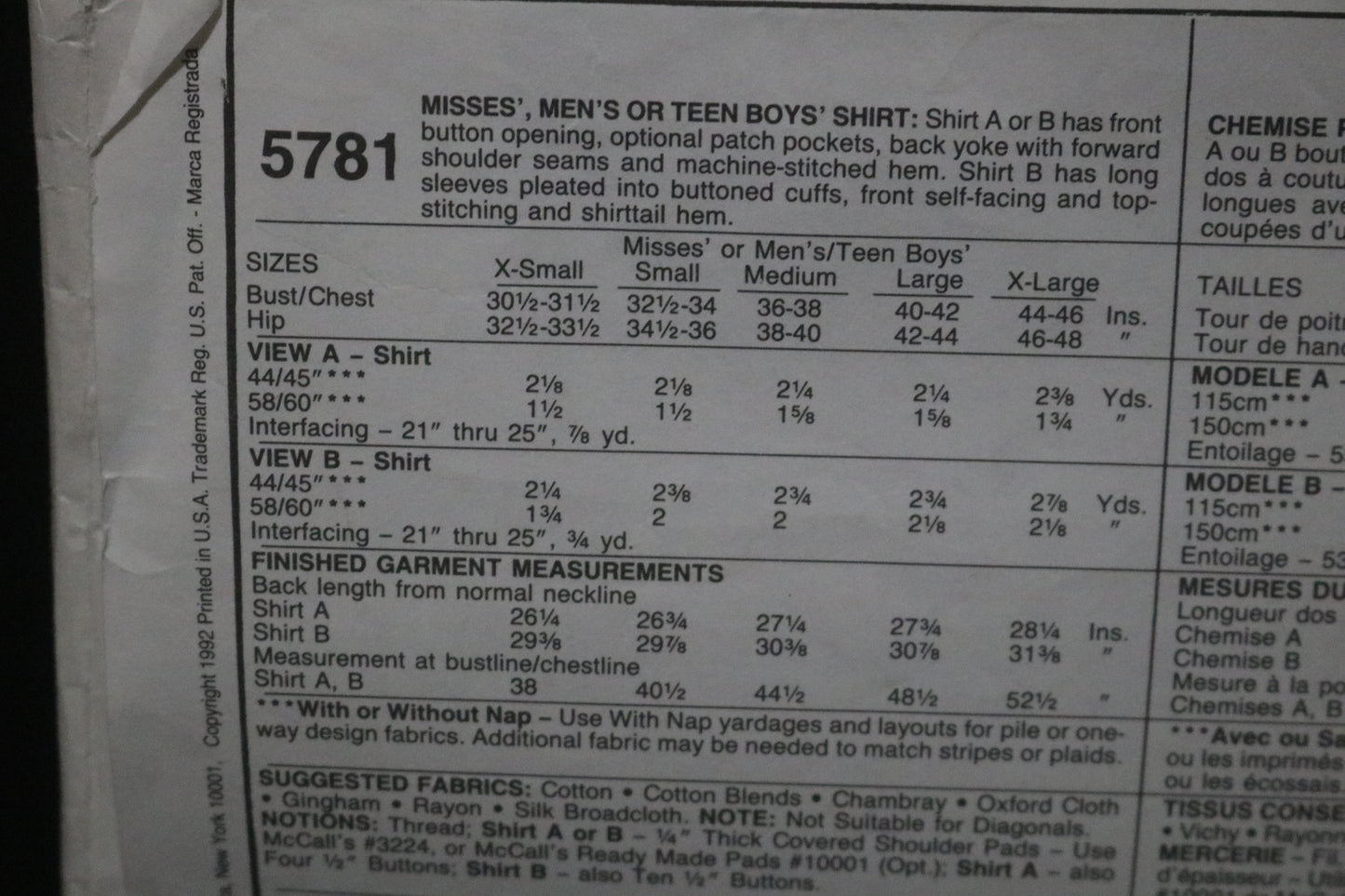 McCalls 5781 Misses Mens or Teen Boys Shirt Sewing Pattern UNCUT - Size XS ( 30 1/2, 31 1/2)