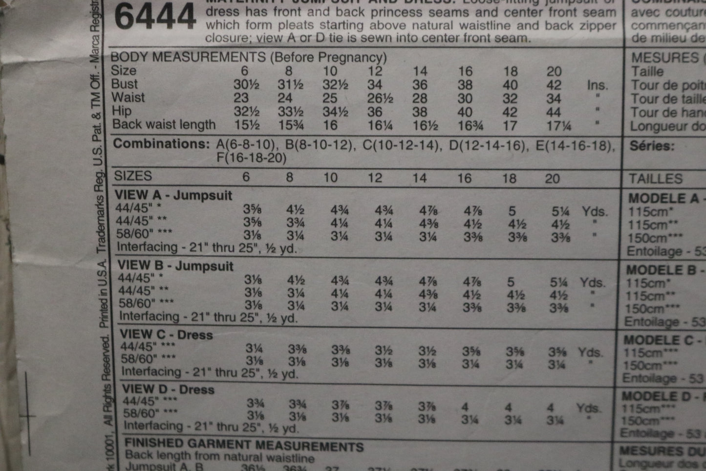 McCalls 6444 Maternity Jumper Jumpsuit and Dress Sewing Pattern UNCUT Size 10 12 14