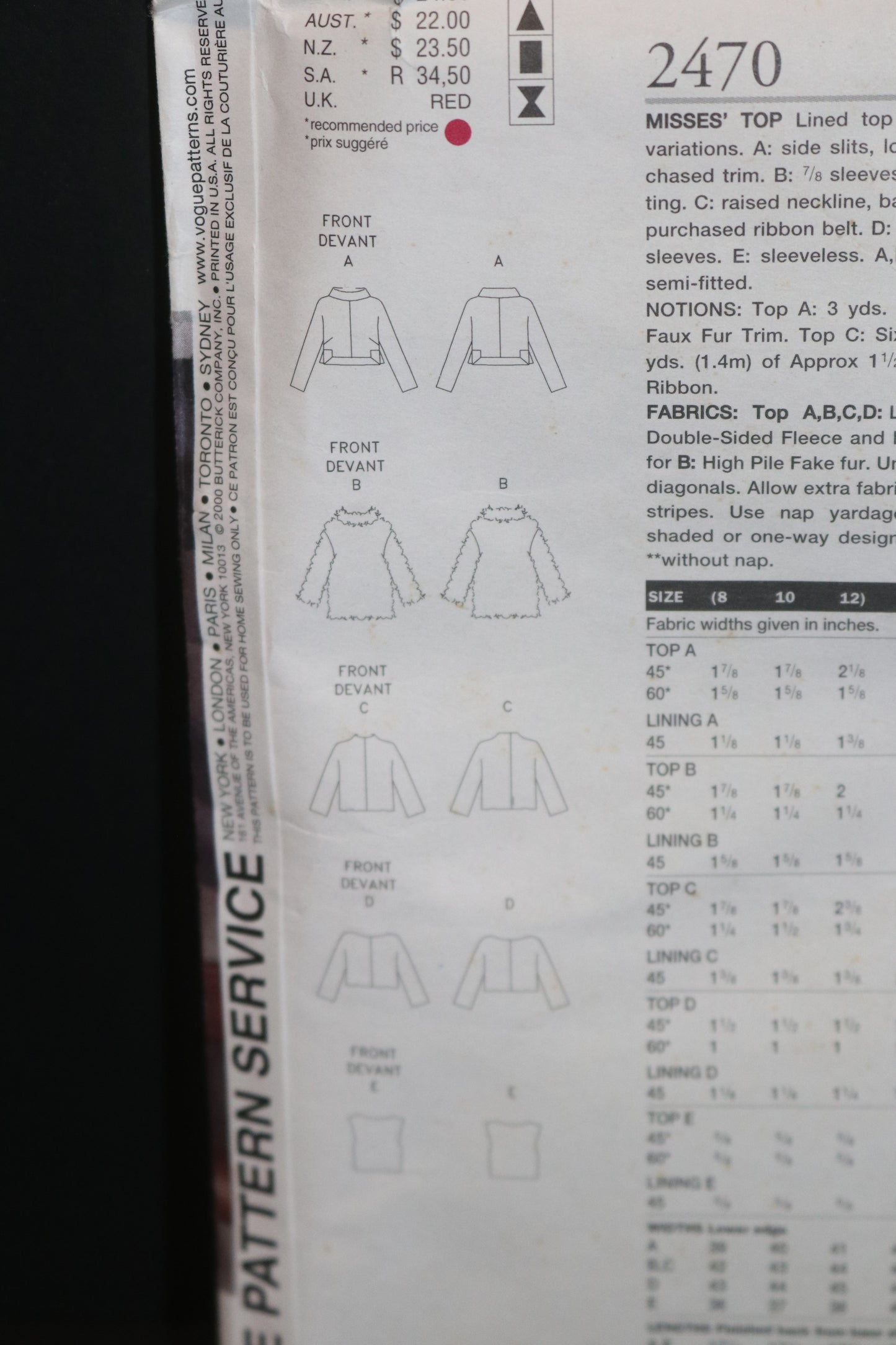 Vogue 2470 Misses Top Sewing Pattern - UNCUT - Size 8 10 12