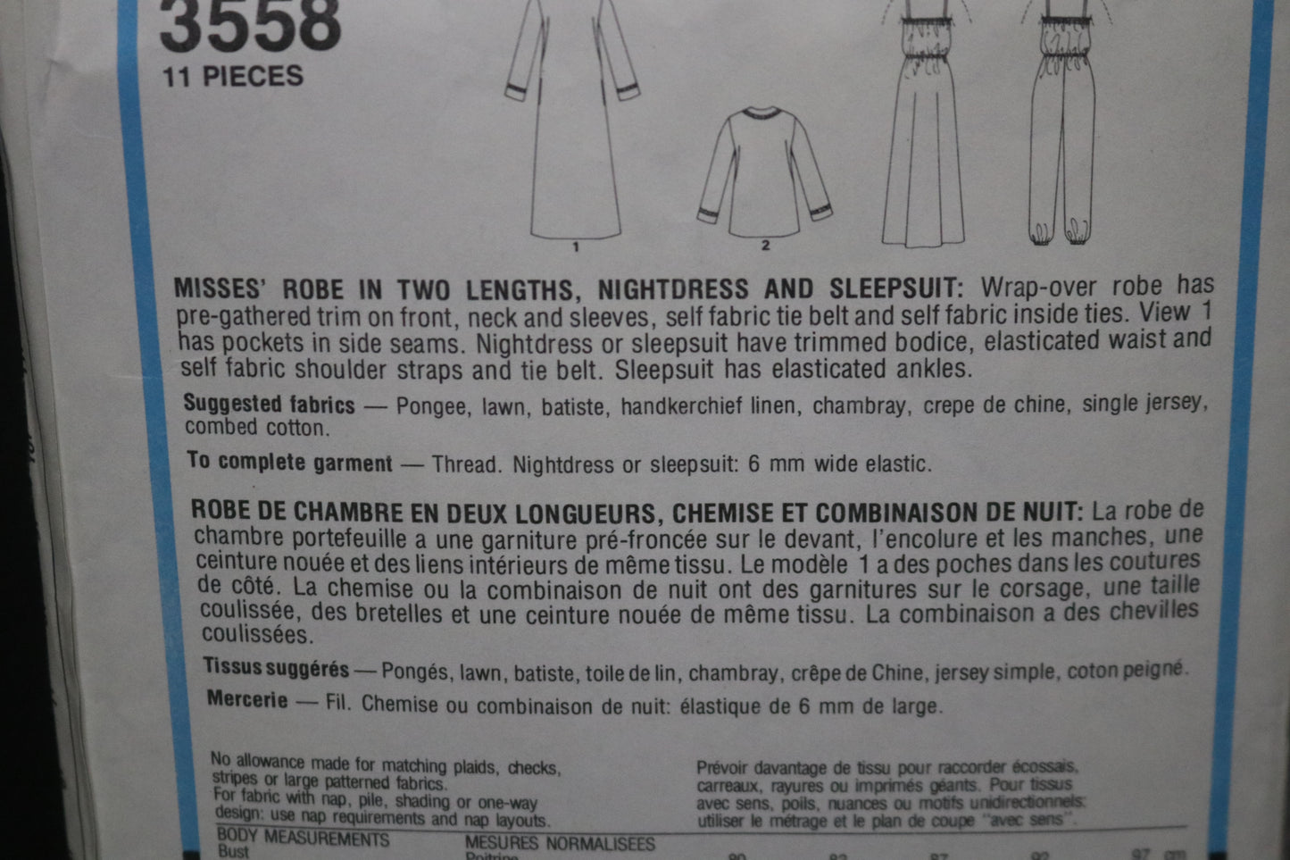 Style 3558 Misses Robe in Two Lengths Nightdress and Sleepsuit Sewing Pattern UNCUT - Size 10