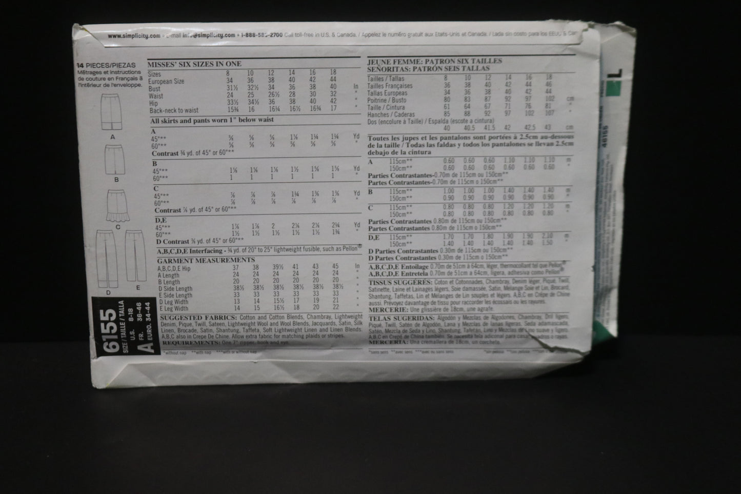 New Look 6155 Misses Pants and Skirt Sewing Pattern - UNCUT - Size 8 - 18