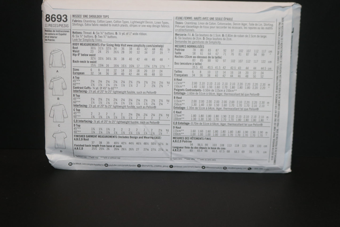 Simplicity 8693 Misses One Shoulder Tops Sewing Pattern - UNCUT - Size 6 8 10 12 14
