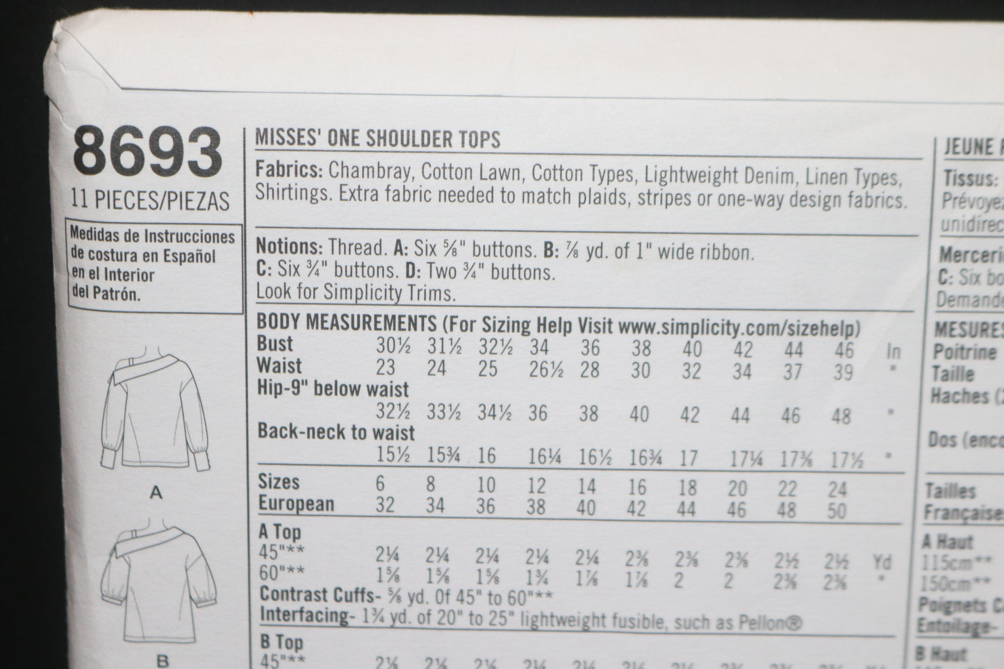Simplicity 8693 Misses One Shoulder Tops Sewing Pattern - UNCUT - Size 6 8 10 12 14