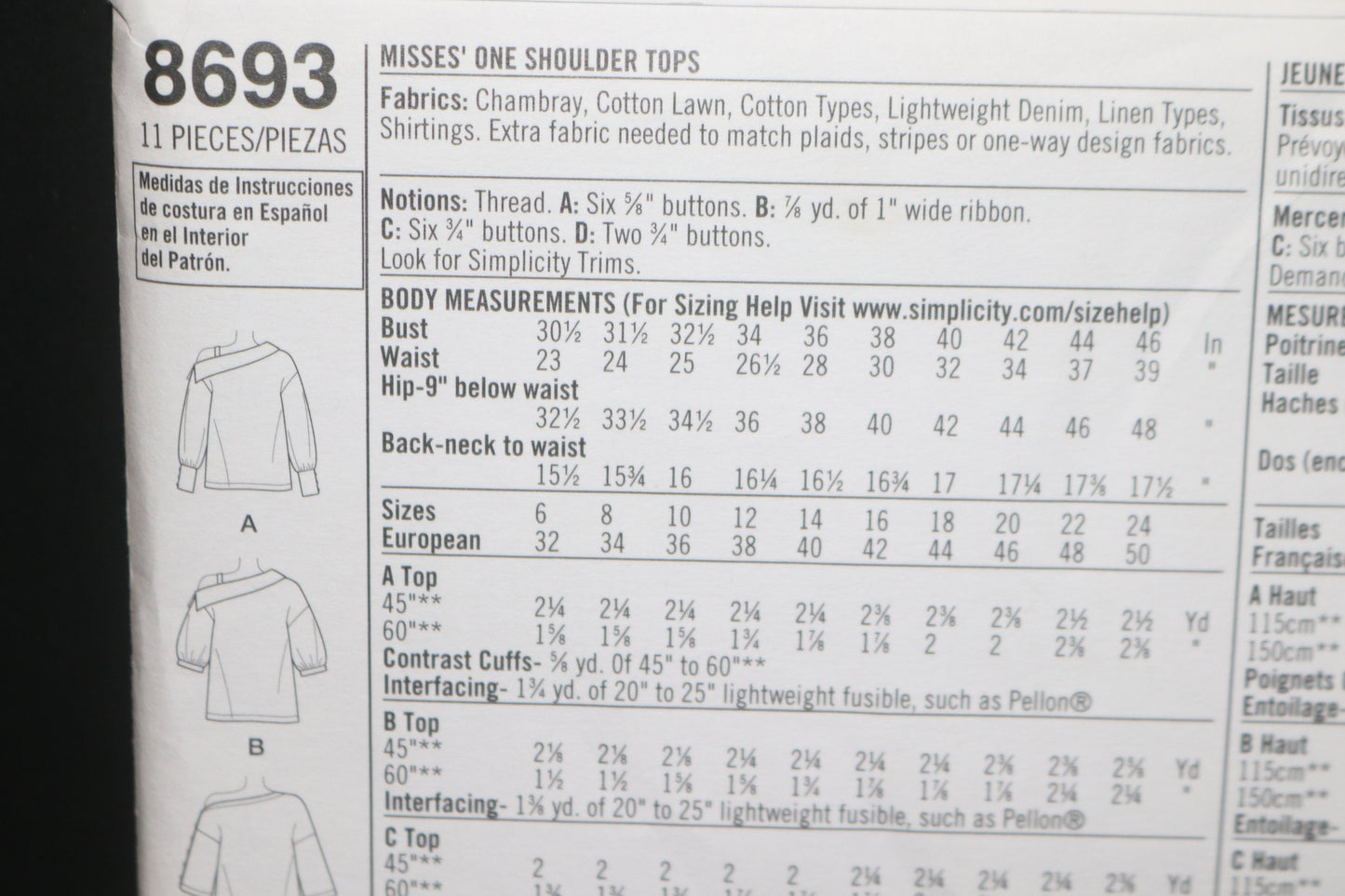 Simplicity 8693 Misses One Shoulder Tops Sewing Pattern - UNCUT - Size 6 8 10 12 14