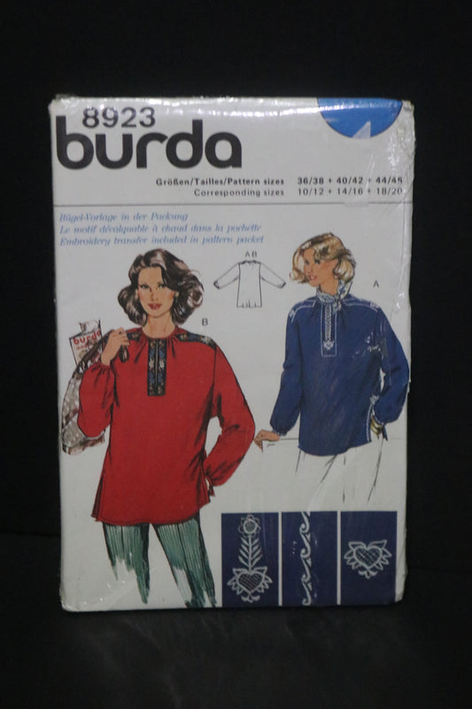 Burda 8923 Misses Top Sewing Pattern with Embroidery Transfer UNCUT - Size  10/12  14/16  18/20