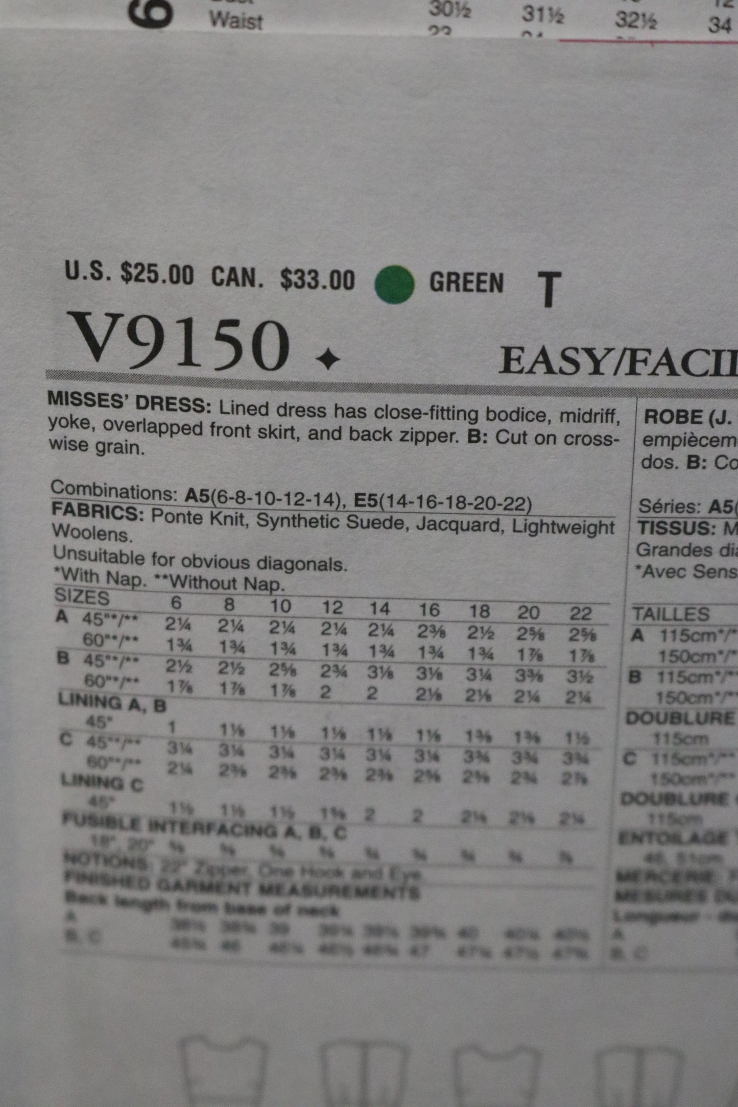 Vogue 9150 Misses Dress Sewing Pattern - UNCUT - Size 14 16 18 20 22