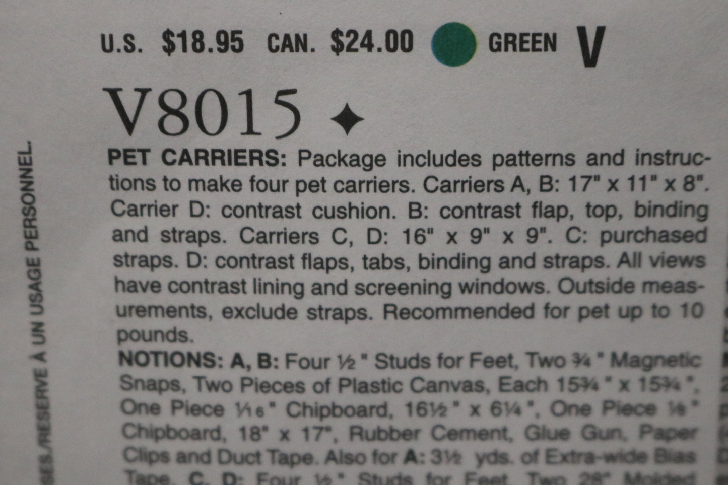 Vogue 8015 pet Carriers Sewing Pattern UNCUT