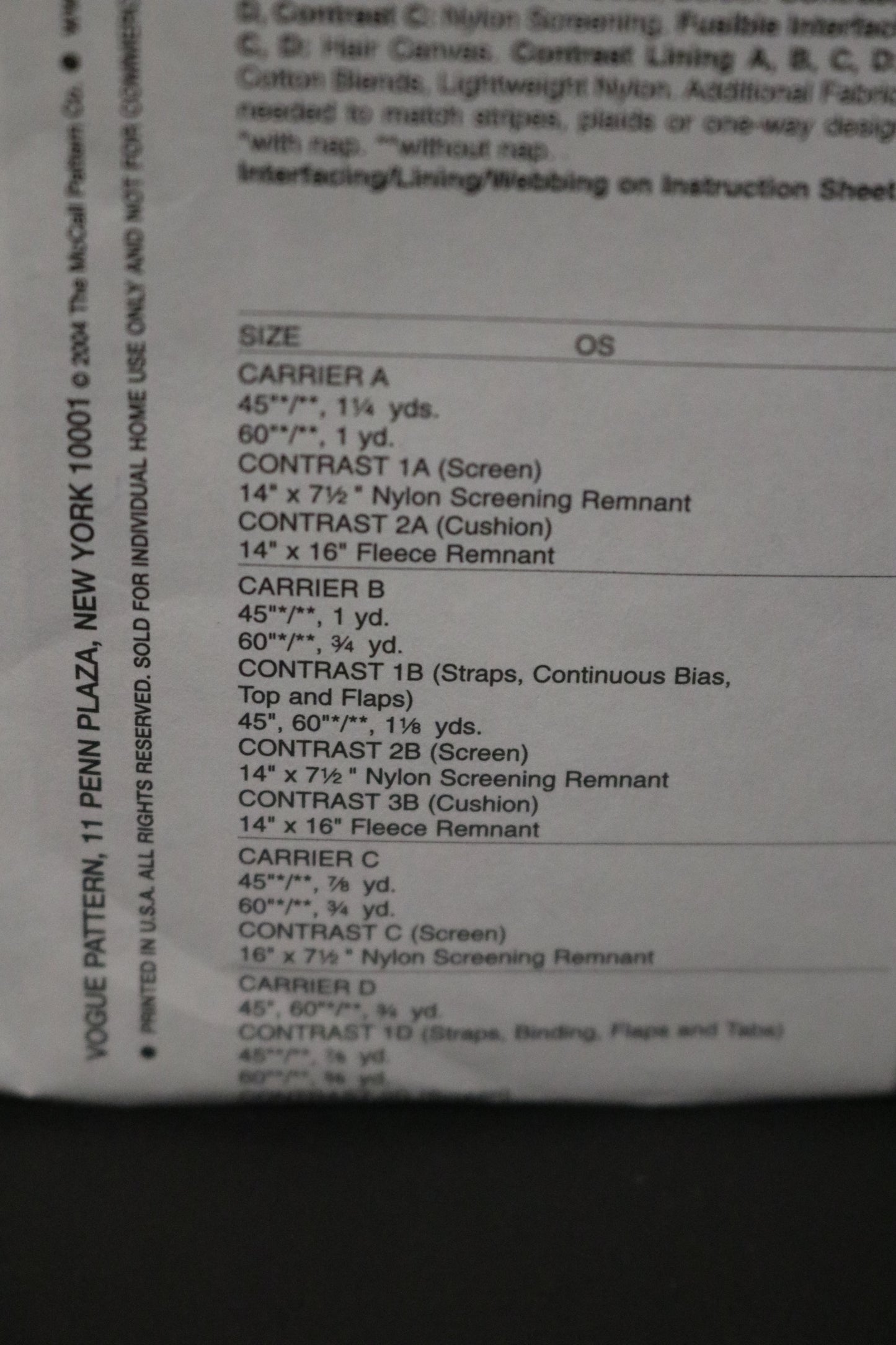 Vogue 8015 pet Carriers Sewing Pattern UNCUT