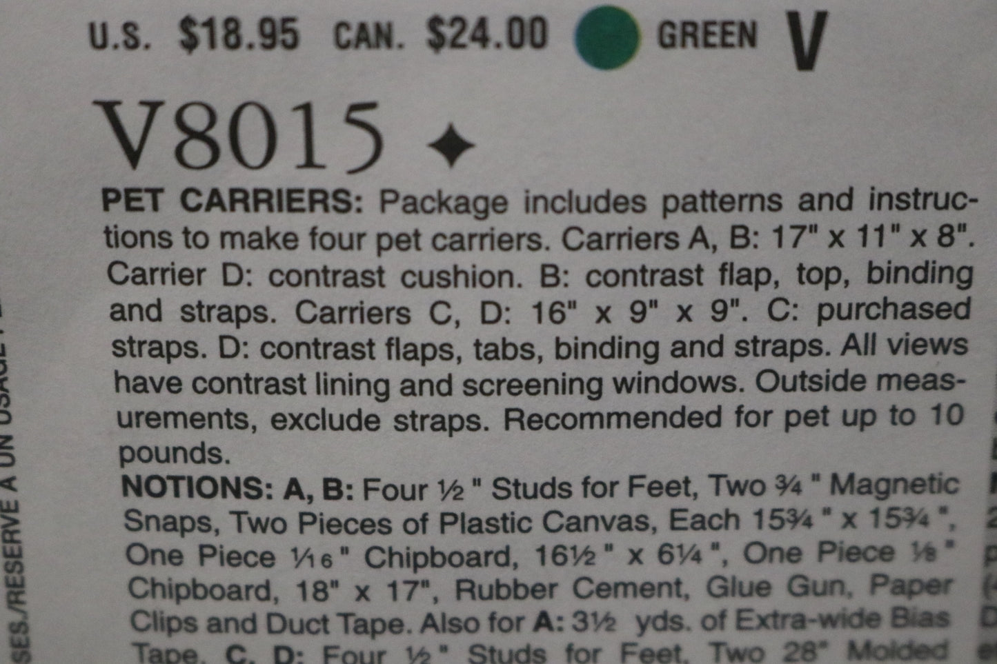 Vogue 8015 pet Carriers Sewing Pattern UNCUT