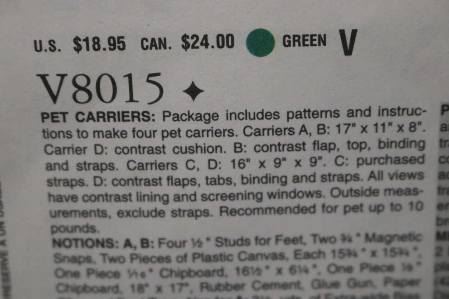 Vogue 8015 pet Carriers Sewing Pattern UNCUT