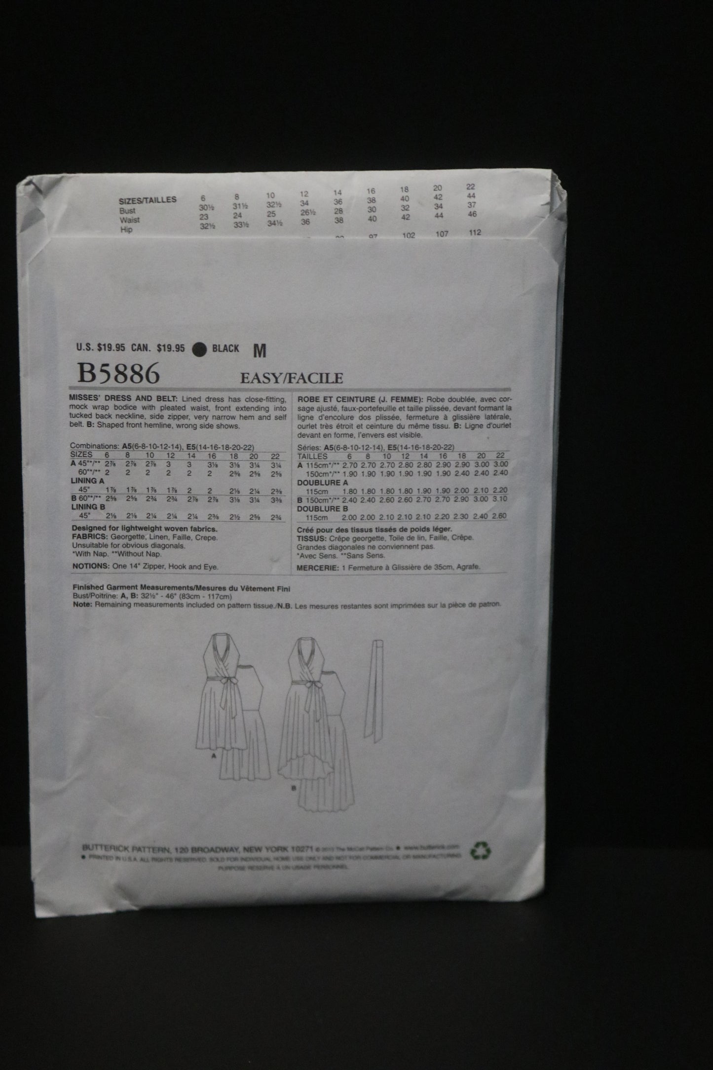 Butterick 5886 Misses Dress and Belt Sewing Pattern - UNCUT - Size 6 8 10 12 14 or Size 14 16 18 20 22